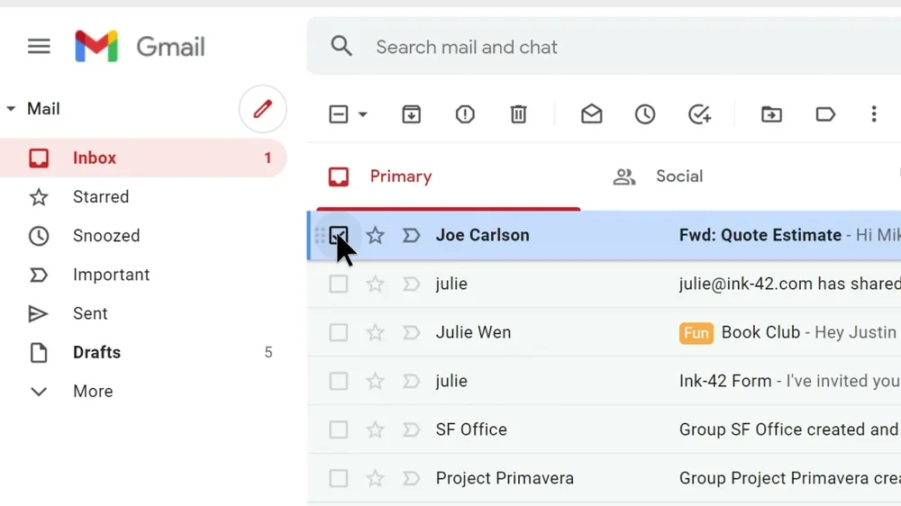 A Gmail inbox showing a list of business messages