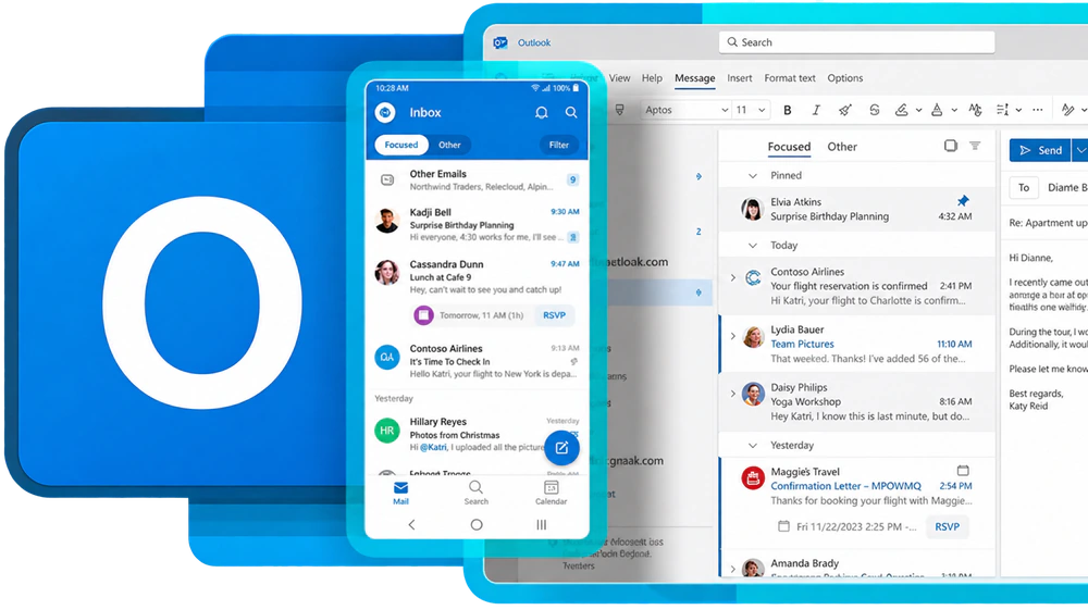Microsoft Outlook open on a laptop and a phone
