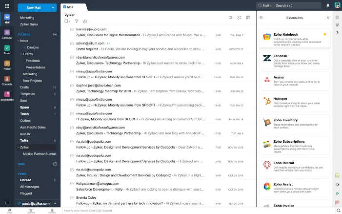 A Zoho Mail inbox with folders and connected business apps